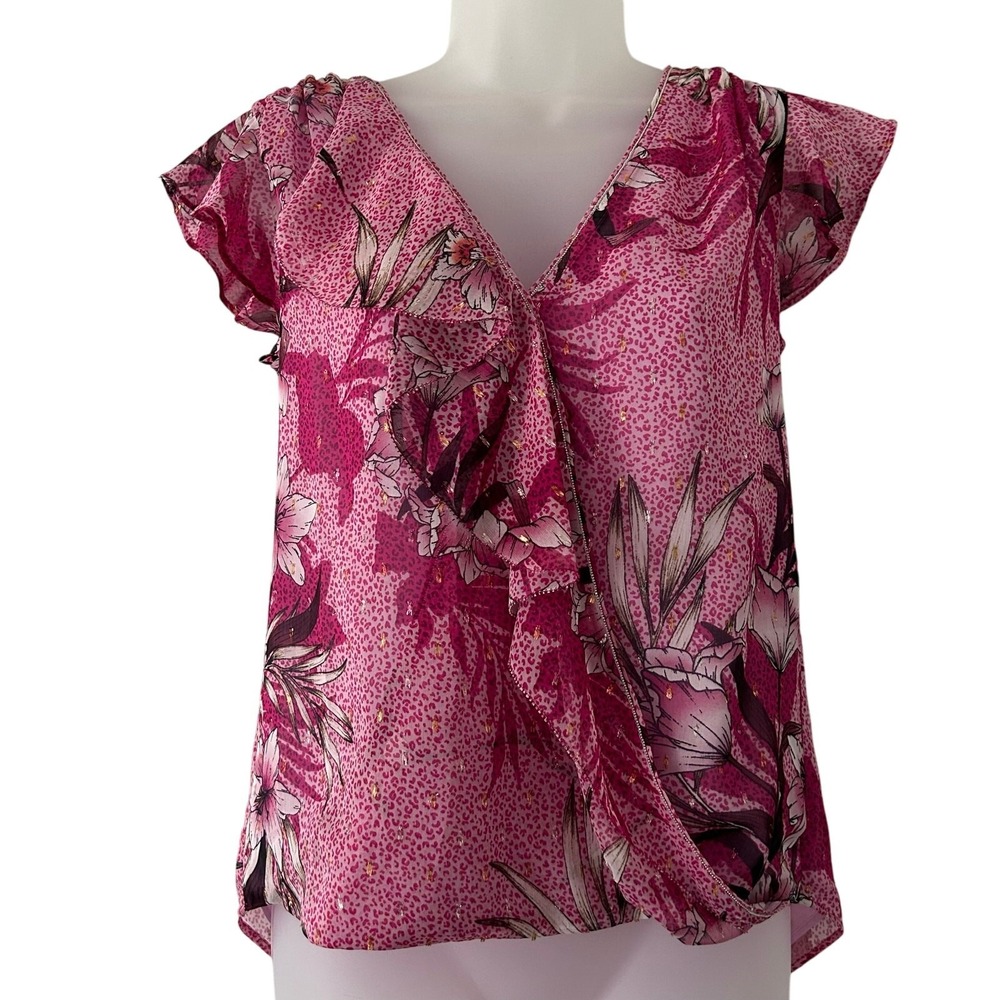 White House Black Market Flutter Sleeve Surplice Sunset Floral Top 00 New